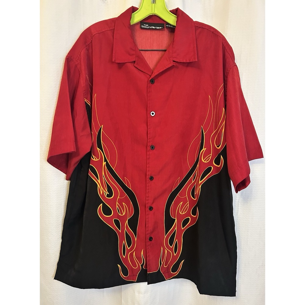 Y2K No Boundaries Flames Red Black Button Up Shirt Men's L Skater 90s Rockabilly